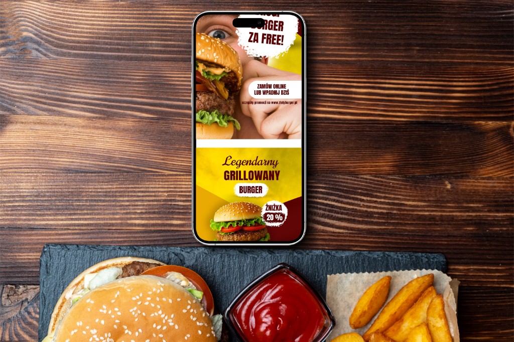 Mockup grafik social media Złoty Burger na telefonie